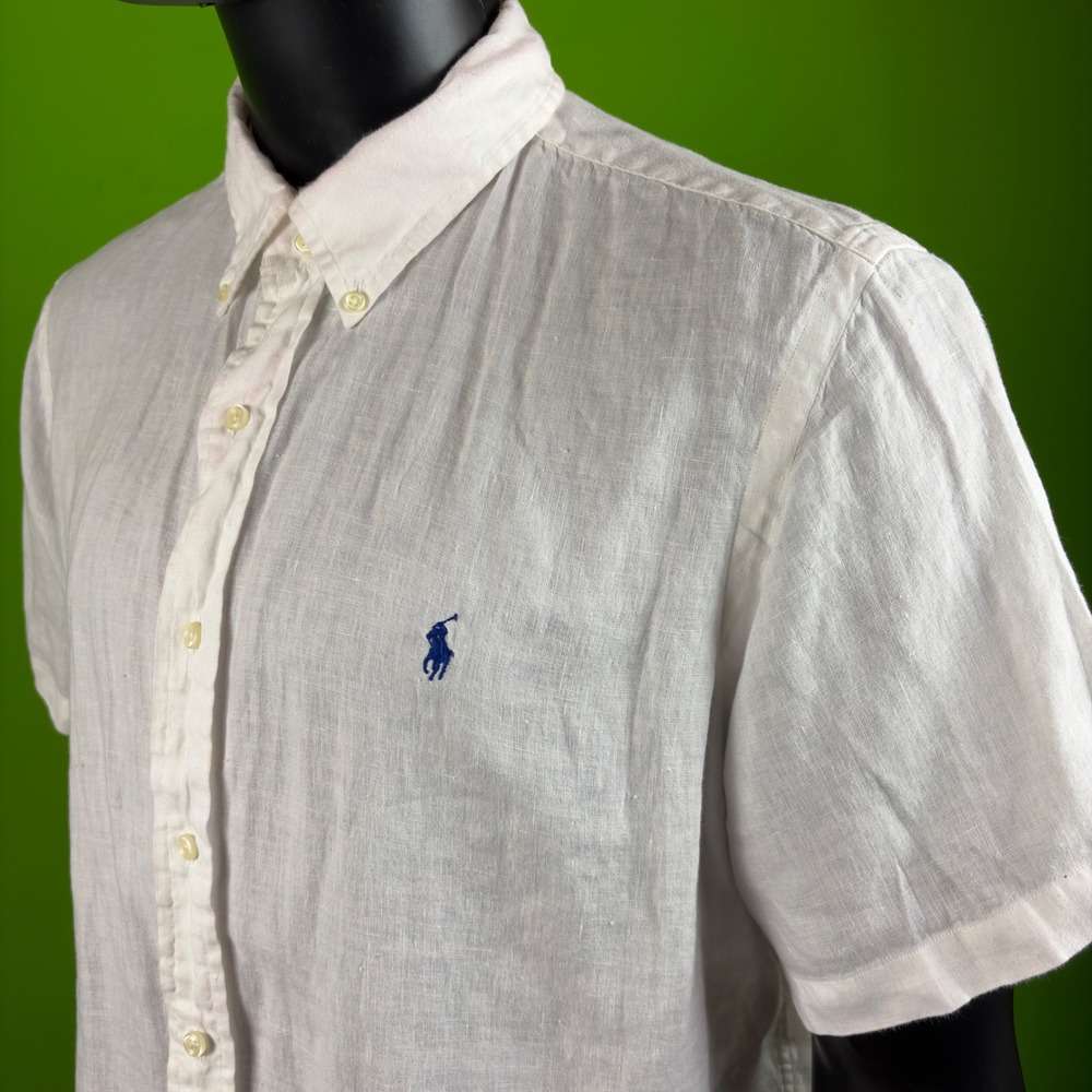 Ralph Lauren Mens XL White 100% Linen Short Sleeve Button Down Shirt Pony Logo